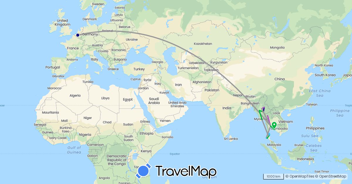 TravelMap itinerary: driving, bus, plane, train, hiking, boat in Belgium, Myanmar (Burma), Thailand (Asia, Europe)